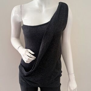 Vintage Y2K Arden B Black & Silver One-Shoulder Knit Draped Top Metallic Thread
